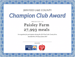 Paisley Farm received a certificate from United Way of Lake County for being the #1 largest food donor of the year.
